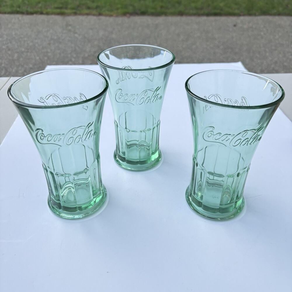 Lot of 3 Vintage LIBBEY Coca - Cola Green Heavyweight Flared Glasses RARE.